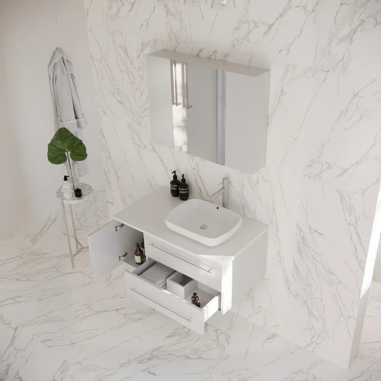 Lucera 36" Wall Mount Single Vessel Sink Right Version Bathroom Vanity with Medicine Cabinet