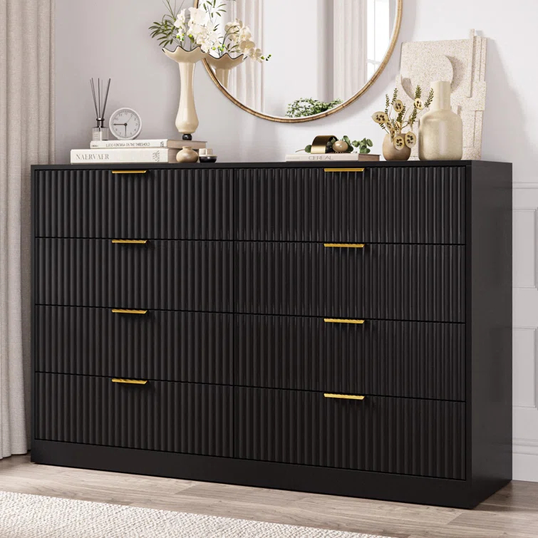 Fluted Dresser For Bedroom With 8 Drawers, 55" Wide Modern Chest Of Drawers With Metal Handle