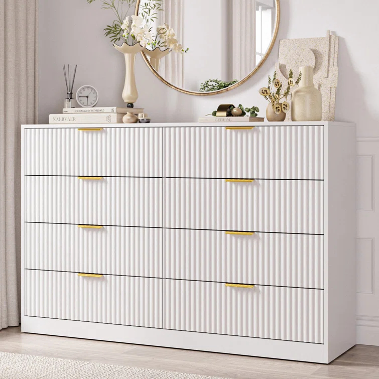 Fluted Dresser For Bedroom With 8 Drawers, 55" Wide Modern Chest Of Drawers With Metal Handle