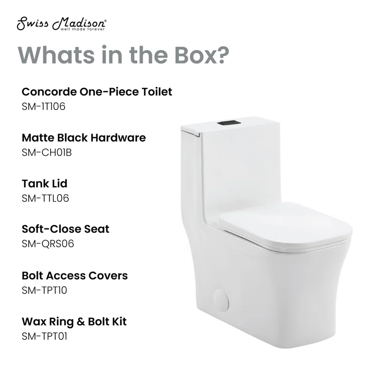 Concorde One Piece Square Toilet Dual Flush, Black Hardware 1.1/1.6 gpf