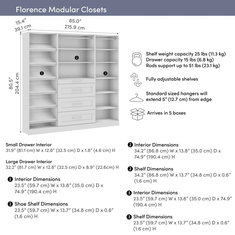 Bestar Florence 85W X 16D Modular Reach-In Or Walk-In Closet System With Drawers And Shoe Shelves, Shaker Style