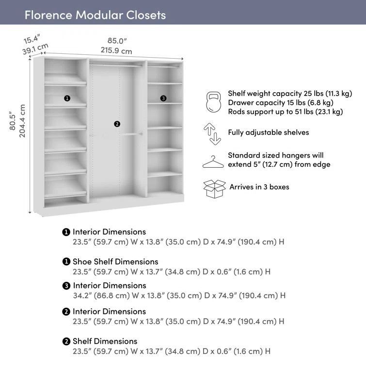 Bestar Florence 85W X 16D Modular Reach-In Or Walk-In Closet System With Rods And Shoe Shelves