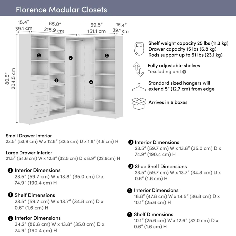 Florence 85W X 60D Modular L Shaped Walk-In Closet System With Rods, Drawers, And Shoe Shelves, Shaker Style