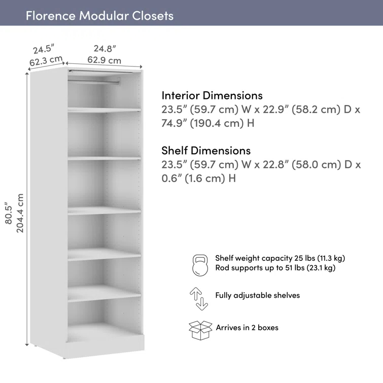 Florence Modular Reach-In Or Walk-In Closet System Tower With LED Light And Shelves