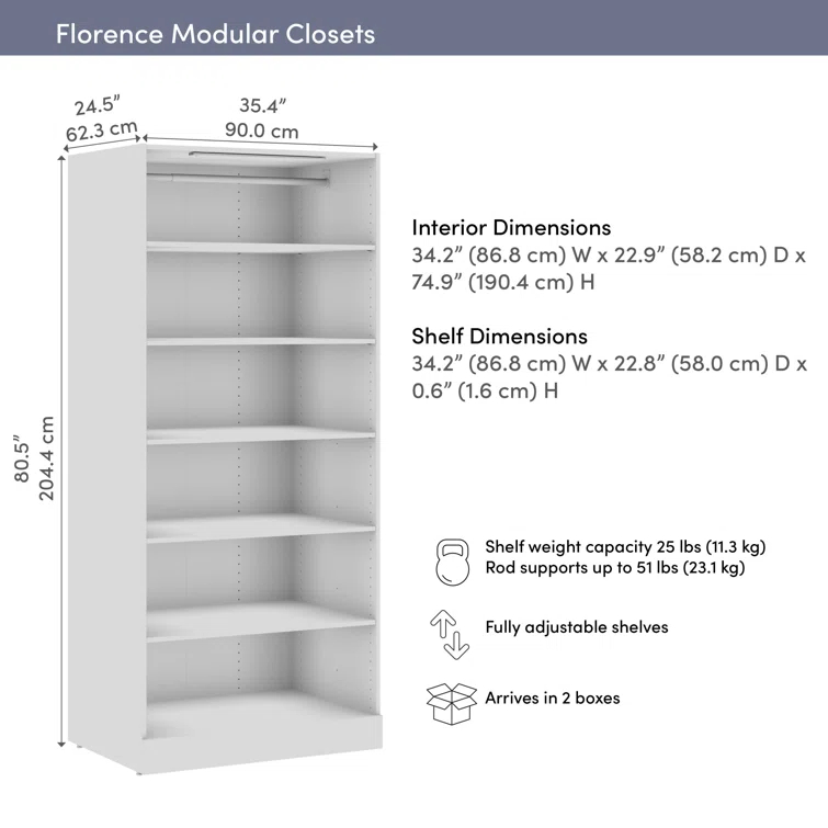 Florence Modular Reach-In Or Walk-In Closet System Tower With LED Light And Shelves