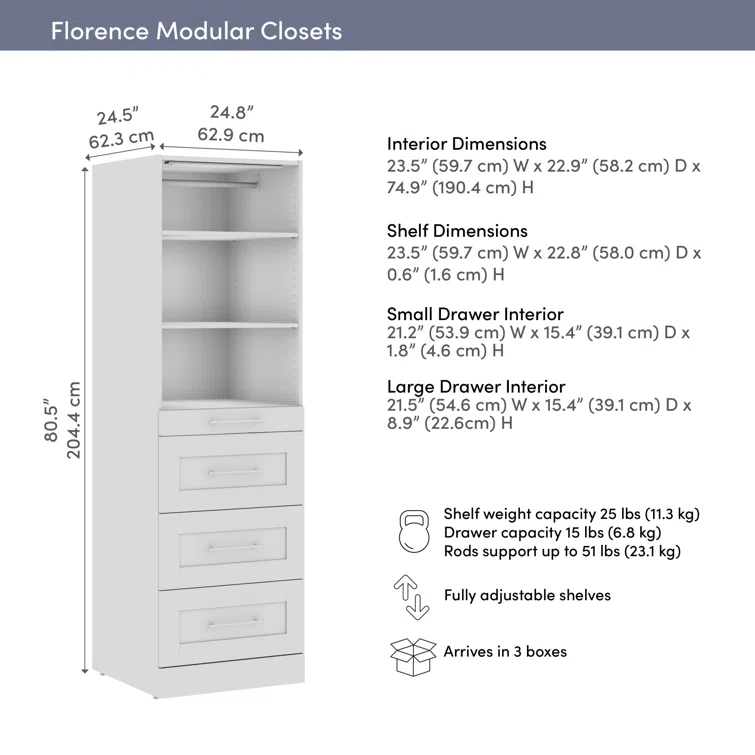 Bestar Florence 25W X 25D Modular Reach-In Or Walk-In Closet System Tower With LED Light, Shelves And 4 Drawers, Shaker Style
