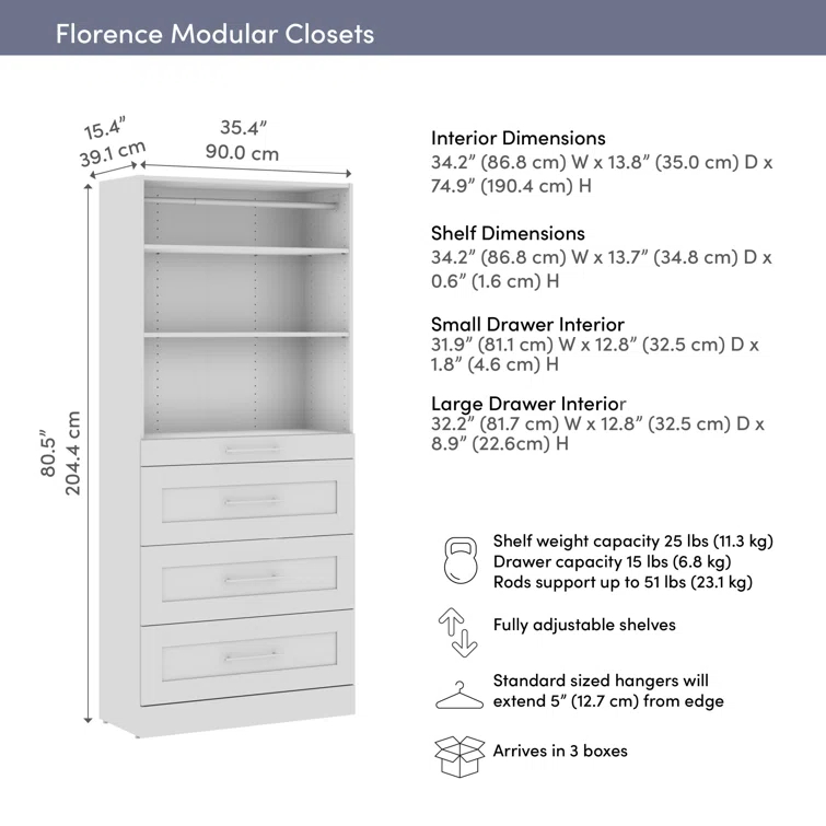 Florence Modular Reach-In Or Walk-In Closet System Tower With Shelves And 4 Drawers, Shaker Style