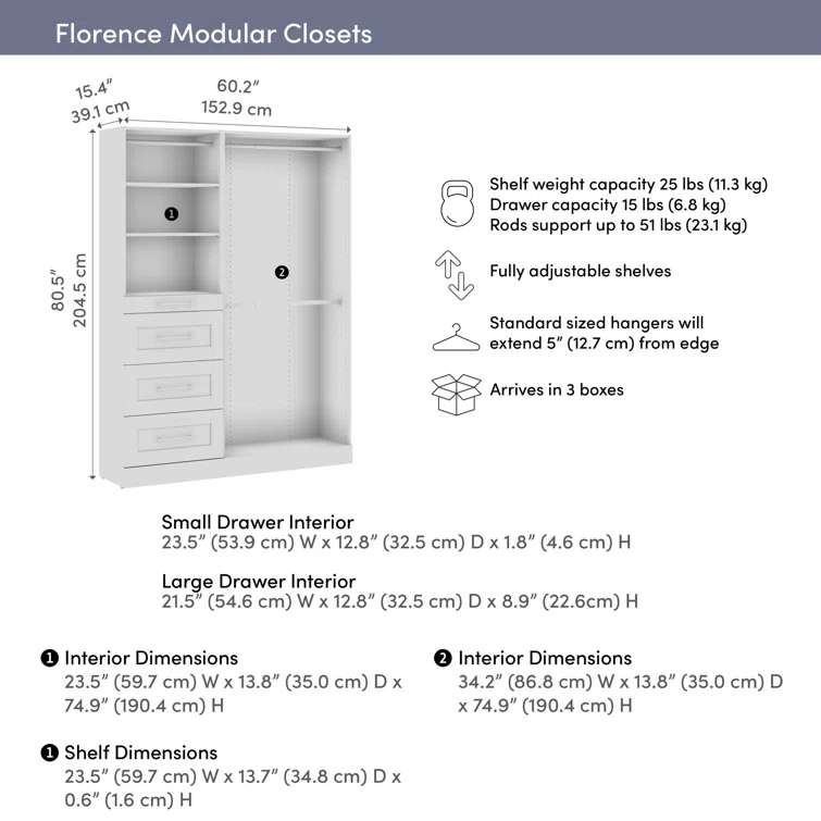 Bestar Florence 61W X 16D Modular Reach-In Or Walk-In Closet System With Rods, Shelves, And Drawers, Shaker Style