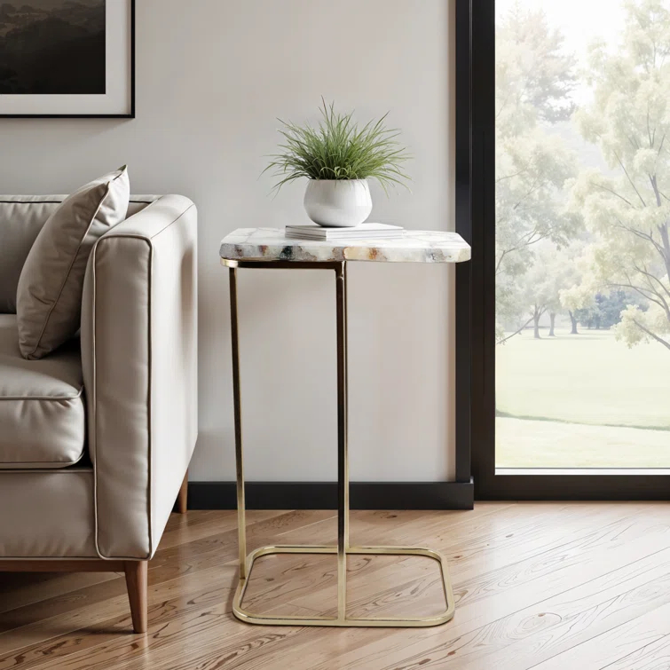 Sagebrook Home 24X15" Agate Top C-Table, White/Gold