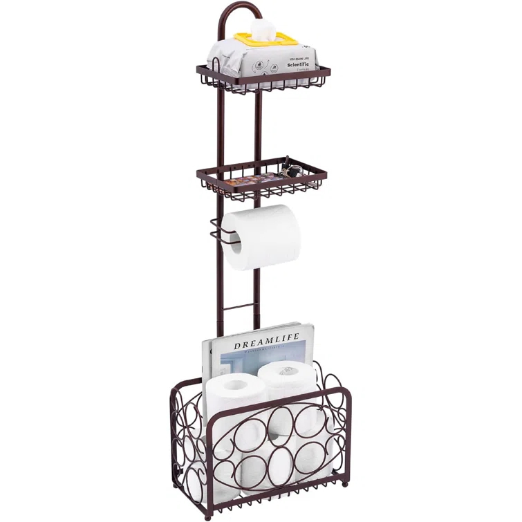 Toilet Paper Holder Tissue Rack Stand With Magazine Toilet Roll Storage Basket- Freestanding, Bronze Metal