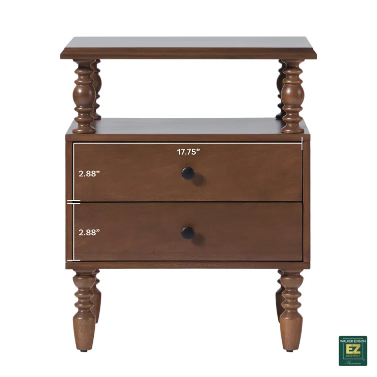 Vivienne Easy Assembly Solid Wood Spindle 2-Drawer Nightstand