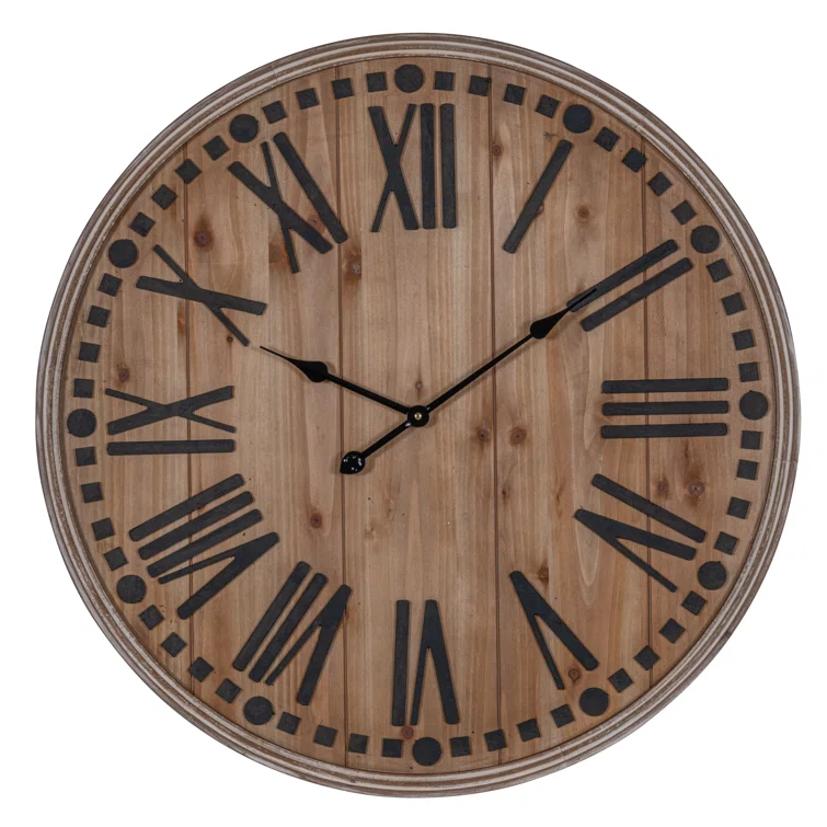 Vintage Firwood and MDF Oversized Wall Clock with Roman Numerals
