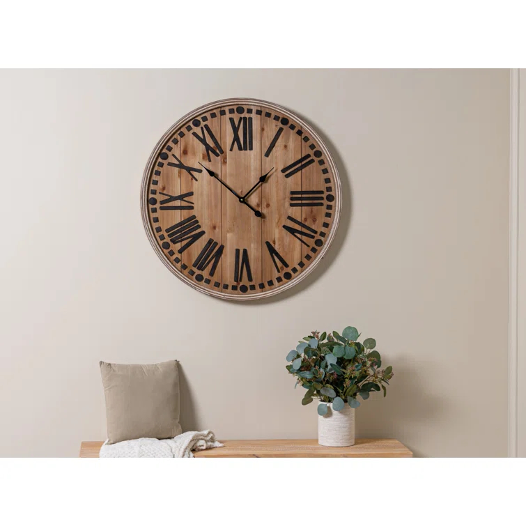 Vintage Firwood and MDF Oversized Wall Clock with Roman Numerals