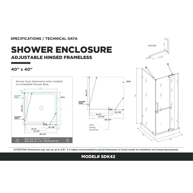 Frameless Shower Enclosure Hinged Tempered Glass - 40" W x 40" D x 74" H