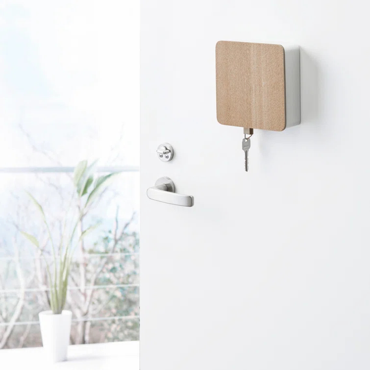 Yamazaki Home Square Magnetic Key Cabinet, Wood Accented Keychain Organizer, Steel + Wood, Magnetic