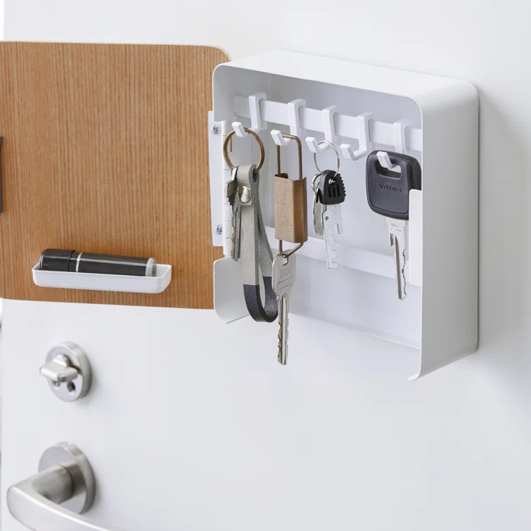 Yamazaki Home Square Magnetic Key Cabinet, Wood Accented Keychain Organizer, Steel + Wood, Magnetic