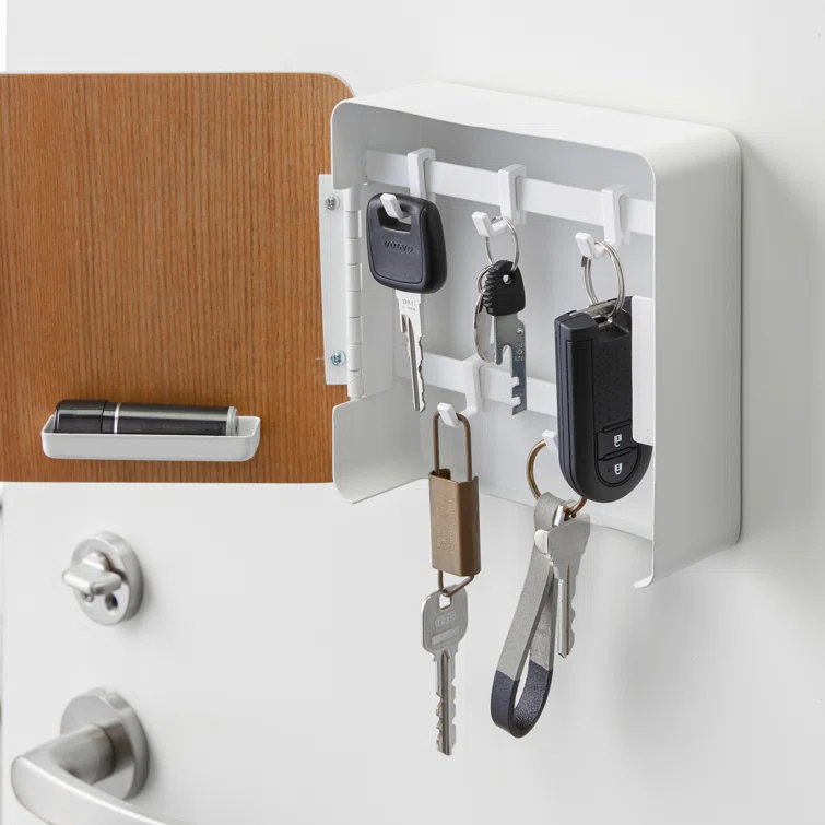 Yamazaki Home Square Magnetic Key Cabinet, Wood Accented Keychain Organizer, Steel + Wood, Magnetic