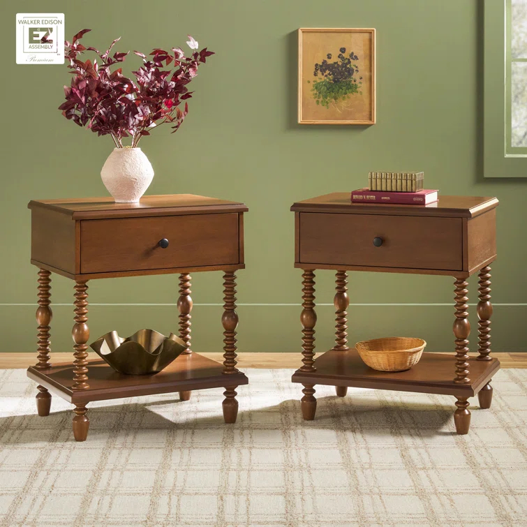 Vivienne Easy Assembly Solid Wood Spindle 1-Drawer Nightstand (Set of 2)