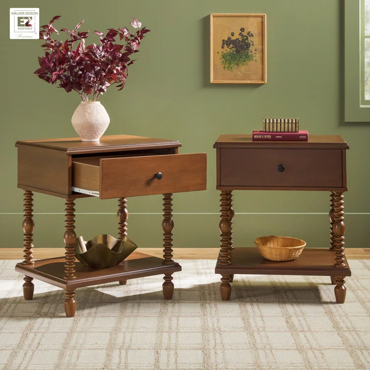 Vivienne Easy Assembly Solid Wood Spindle 1-Drawer Nightstand (Set of 2)