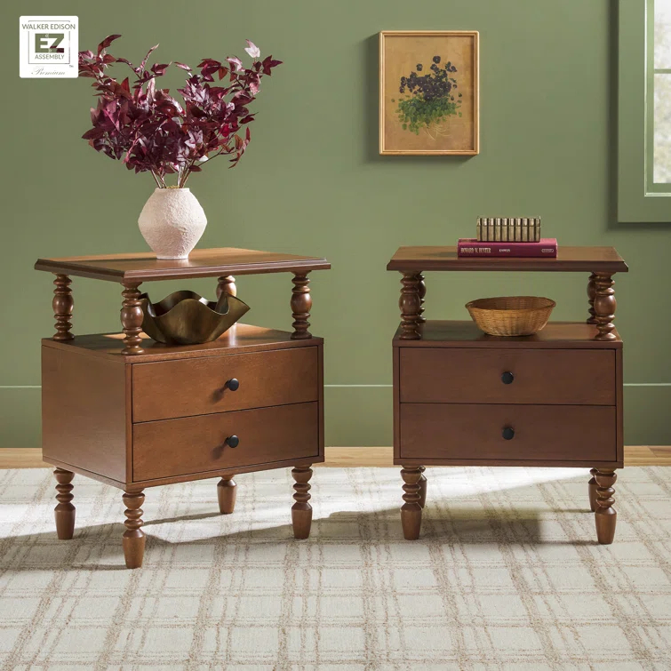 Vivienne Easy Assembly Solid Wood Spindle 2-Drawer Nightstand (Set of 2)