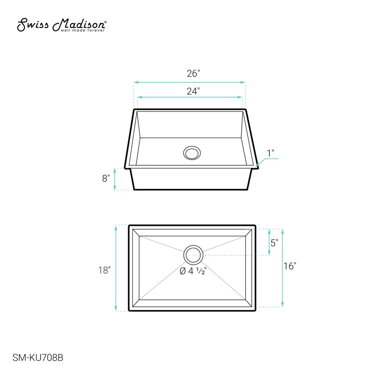Tourner 26 x 18 Stainless Steel, Single Basin, Undermount Kitchen Sink