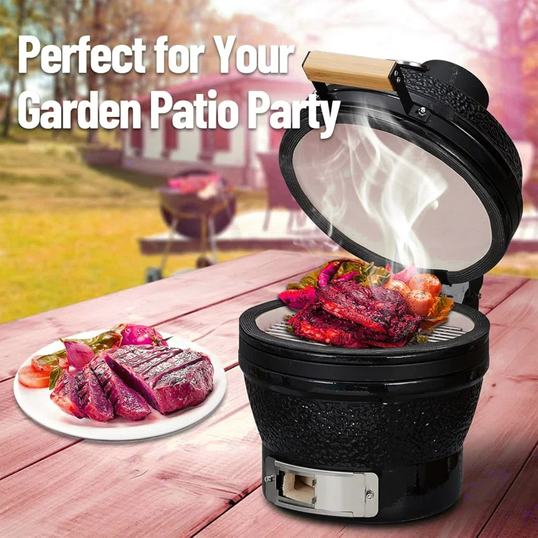 13-Inch Portable Ceramic Charcoal Grill with Grill Stand, Egg Shaped Ceramic Charcoal Grill w 10.6" Stainless Steel Cooking Grate, Heat Deflectors and Ash Tool for Outdoor Barbecue, Baking