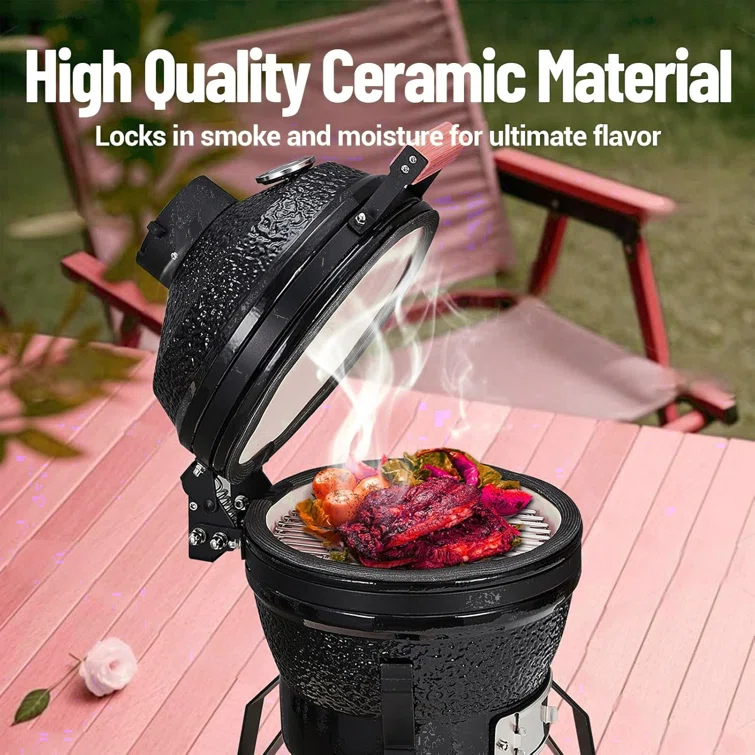 13-Inch Portable Ceramic Charcoal Grill with Grill Stand, Egg Shaped Ceramic Charcoal Grill w 10.6" Stainless Steel Cooking Grate, Heat Deflectors and Ash Tool for Outdoor Barbecue, Baking