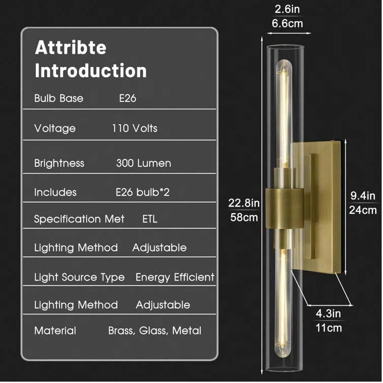 Mailus Wall Sconces, 22.8" Industrial-Chic Dual Glass Cylinder Wall Sconce(Set of 2)