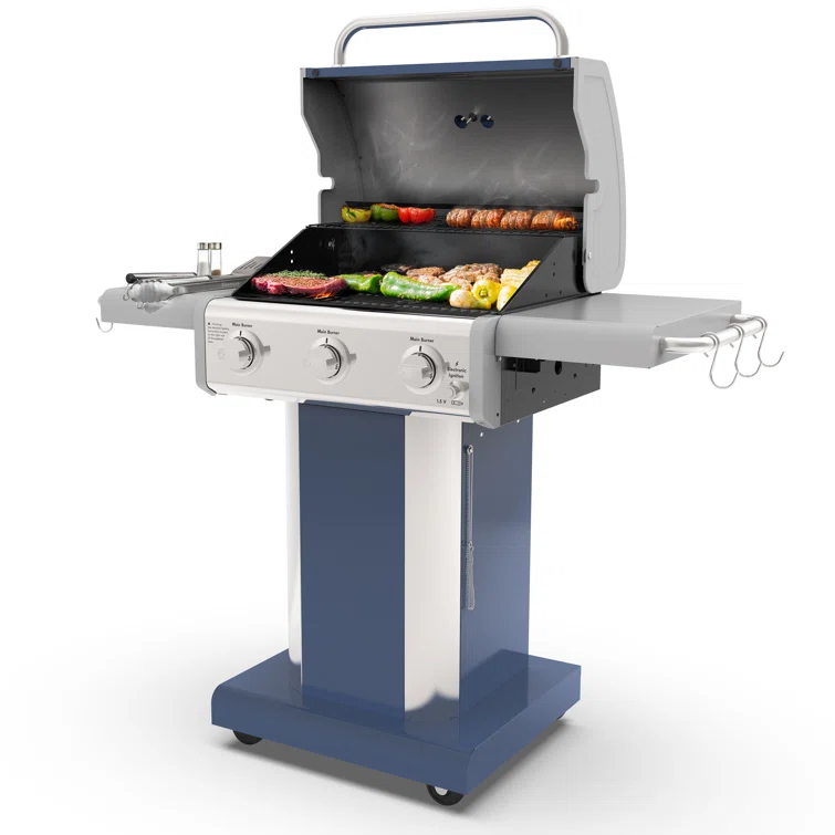 Kenmore 3-Burner Propane Gas Grill with Foldable Side Tables for Outdoor BBQ