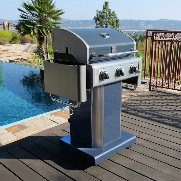 Kenmore 3-Burner Propane Gas Grill with Foldable Side Tables for Outdoor BBQ
