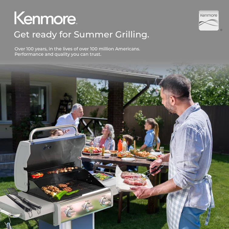 Kenmore 3-Burner Propane Gas Grill with Foldable Side Tables for Outdoor BBQ