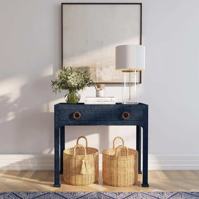 Gray Raffia Wrapped Rectangular Console Table with Drawer
