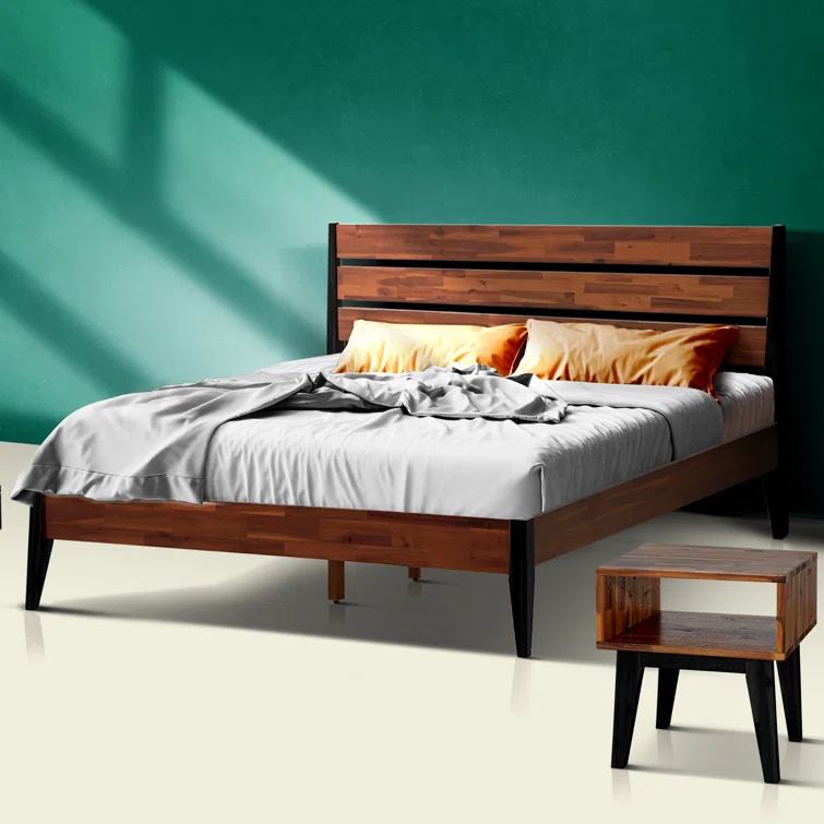 Acacia Emery 2-Pcs Bedroom Set – Solid Wood Platform Bed Frame & Matching Nightstand, Mid-Century Modern Farmhouse, 800 lbs Capacity, No Box Spring Needed