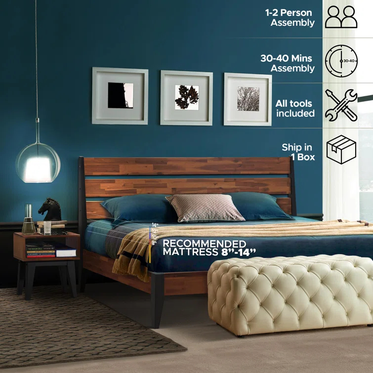 Acacia Emery 2-Pcs Bedroom Set – Solid Wood Platform Bed Frame & Matching Nightstand, Mid-Century Modern Farmhouse, 800 lbs Capacity, No Box Spring Needed