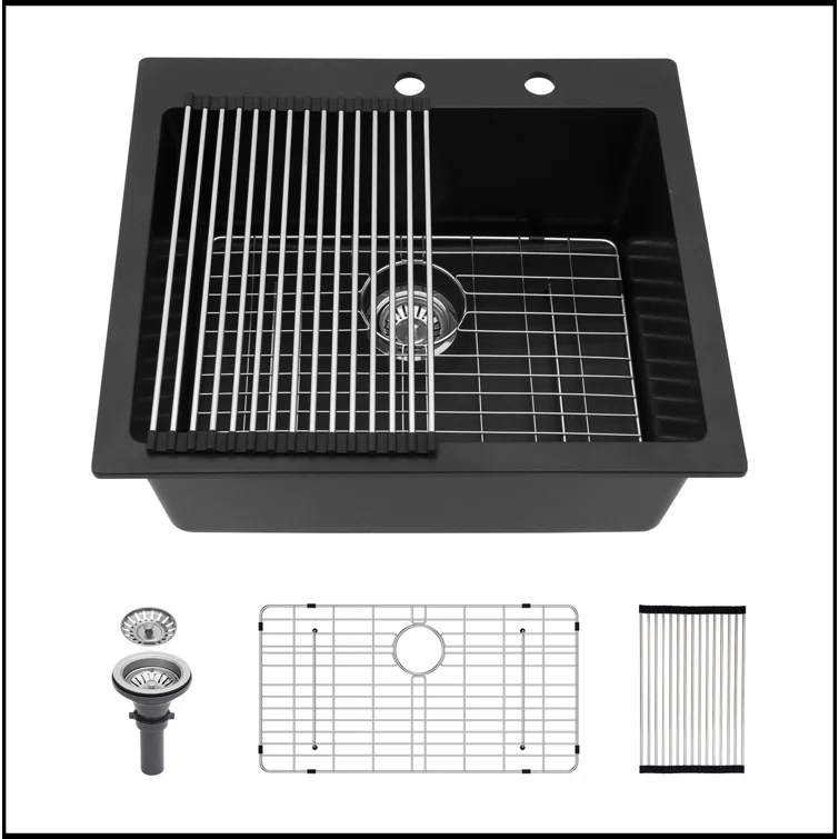 Quartz Kitchen Sink - 25X22" Black Granite Composite Drop In Kitchen Sink