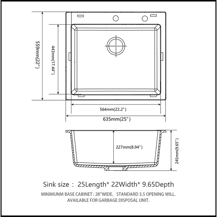 Quartz Kitchen Sink - 25X22" Black Granite Composite Drop In Kitchen Sink