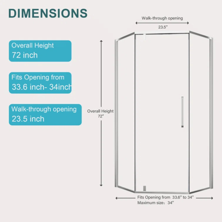 Shower Door 34-1/8" X 72" Semi-Frameless Neo-Angle Hinged Shower Enclosure