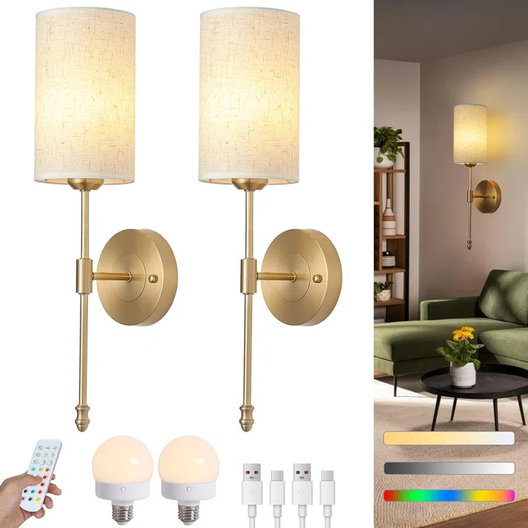 Rechargeable Wireless Wall Sconces Set Of Two, Dimmable Battery Operated Wall Lights With Remote, Gold Electroplating, RGB 15 Colors, Ideal For Bedroom And Living Room