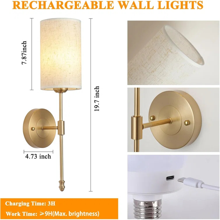 Rechargeable Wireless Wall Sconces Set Of Two, Dimmable Battery Operated Wall Lights With Remote, Gold Electroplating, RGB 15 Colors, Ideal For Bedroom And Living Room