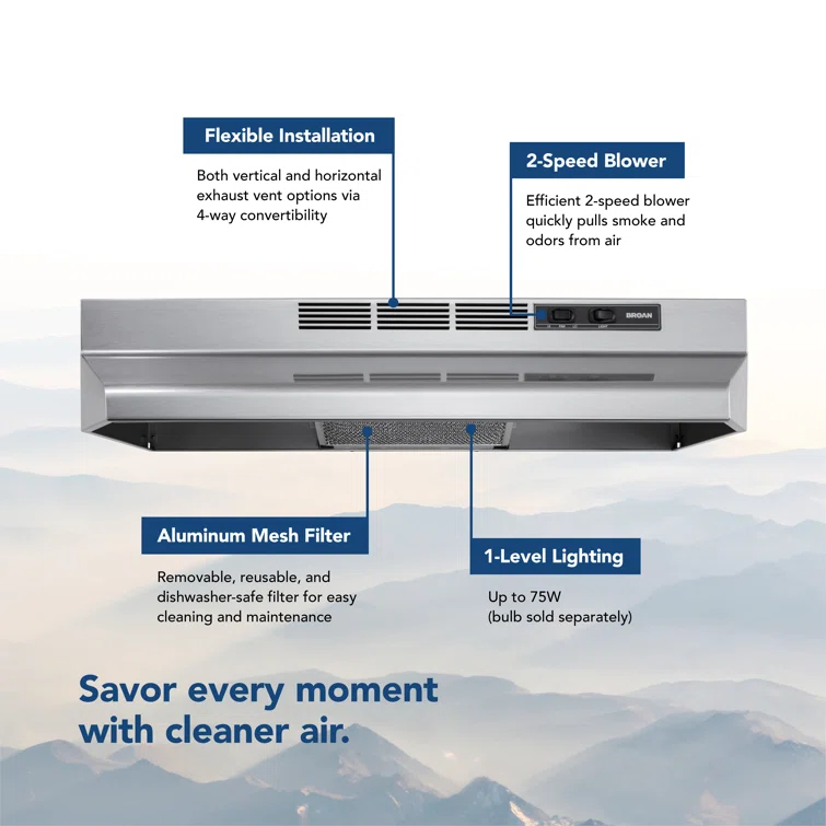 Broan NuTone Broan® 24-Inch Convertible Under-Cabinet Range Hood, 230 Max Blower CFM, Stainless Finish F4024SF