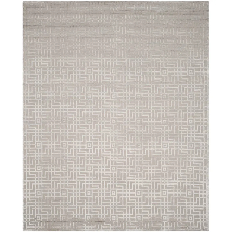Tibetan Hand Knotted Viscose/Wool/Cotton Geometric Rug in Gray