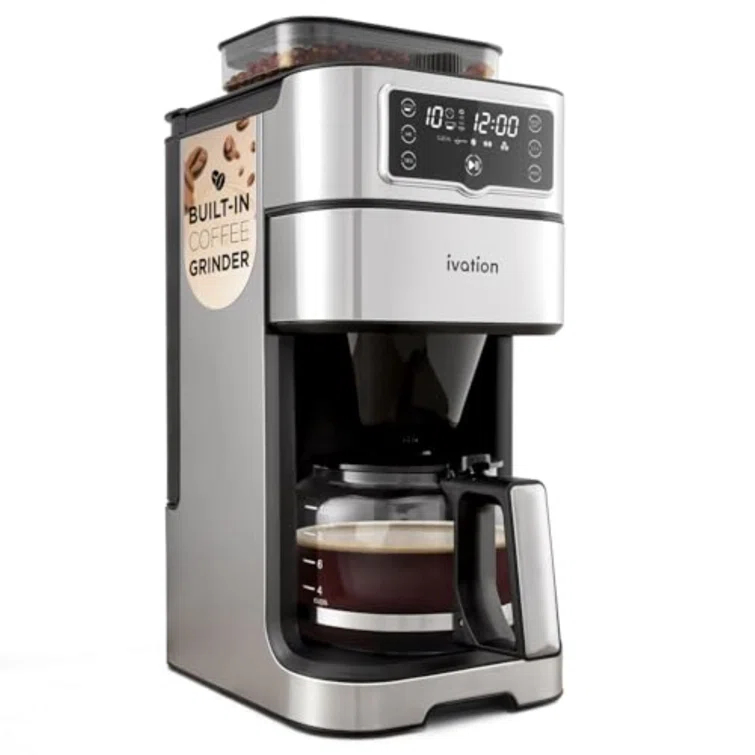 Ivation 2-in-1 Drip Coffee Maker & Grinder – Programmable Auto Brew & Timer - Warming Plate - 10 Cup - Reusable Filter Basket – 1.5L Water Tank – 1000W - Pause and Pour