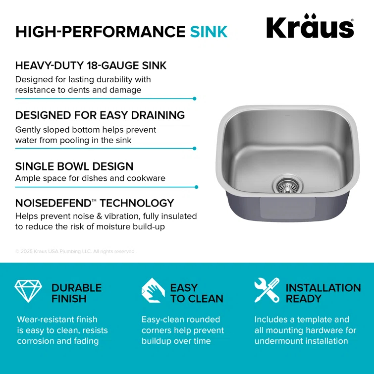 KRAUS Premier Undermount Single Bowl 18-Gauge Stainless Steel Kitchen Sink
