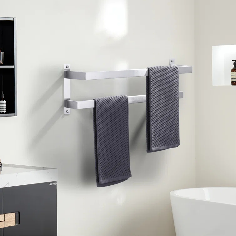 2-Tier Stainless Steel Wall Mounted Square Towel Rack With Concealed Mounting Hardware Staggered Two Rod Towel Rack