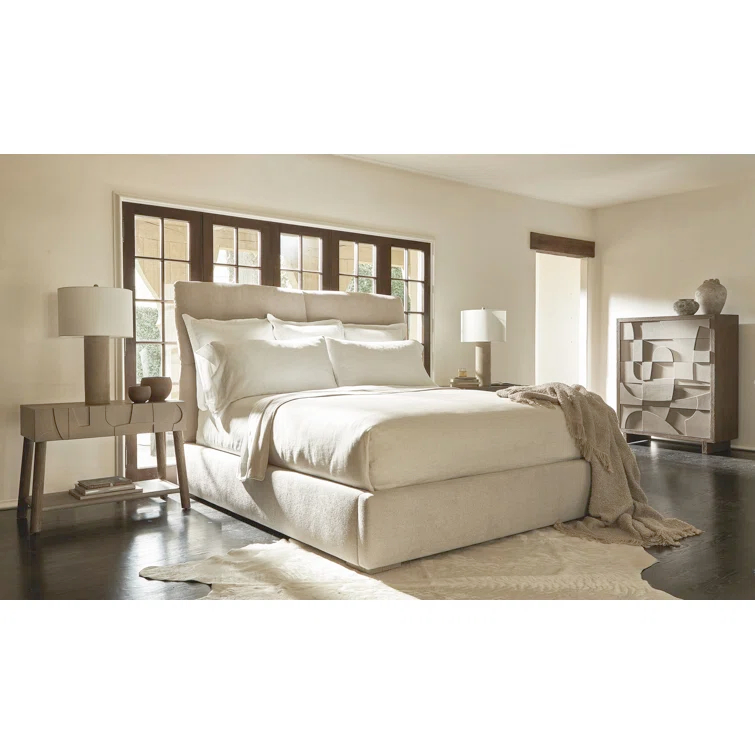 California King Upholstered Wood Frame Bed with Headboard and Drawer