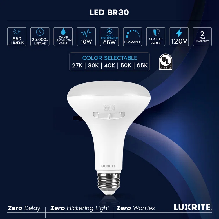 Luxrite BR30 LED Light Bulb =85W 5CCT 2700K 3000K 3500K 4000K 5000K, Dimmable, LED Flood Light Bulb, UL Listed, E26 Medium Base 6 Pack