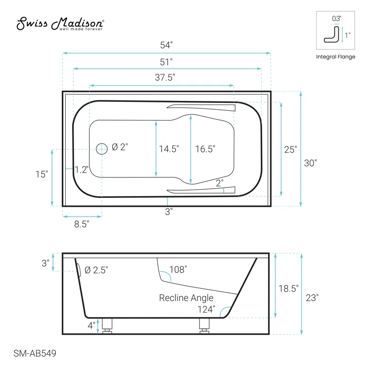 Voltaire 54" x 30" Alcove Bathtub with Apron