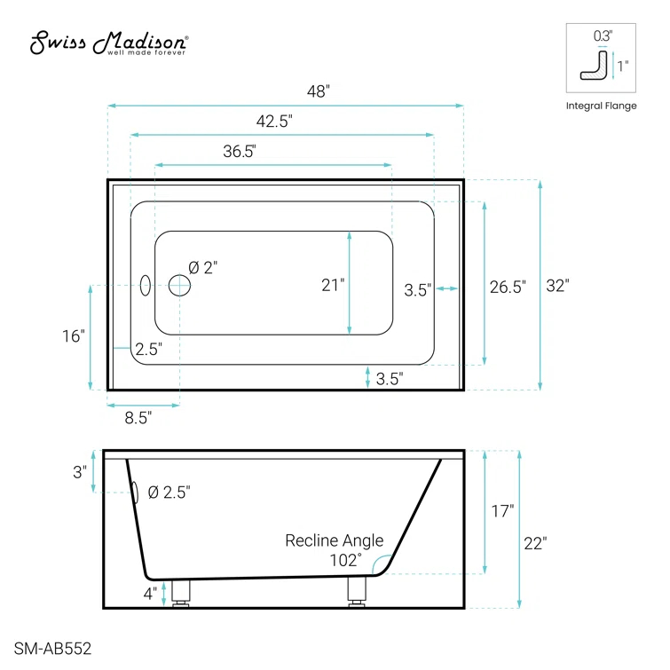Voltaire 48" x 32" Alcove Bathtub with Apron