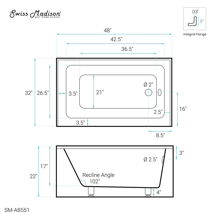 Voltaire 48" x 32" Alcove Bathtub with Apron
