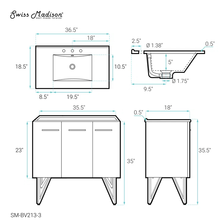 Annecy 36 In. White Bathroom Vanity With 3-Hole Ceramic Sink Top
